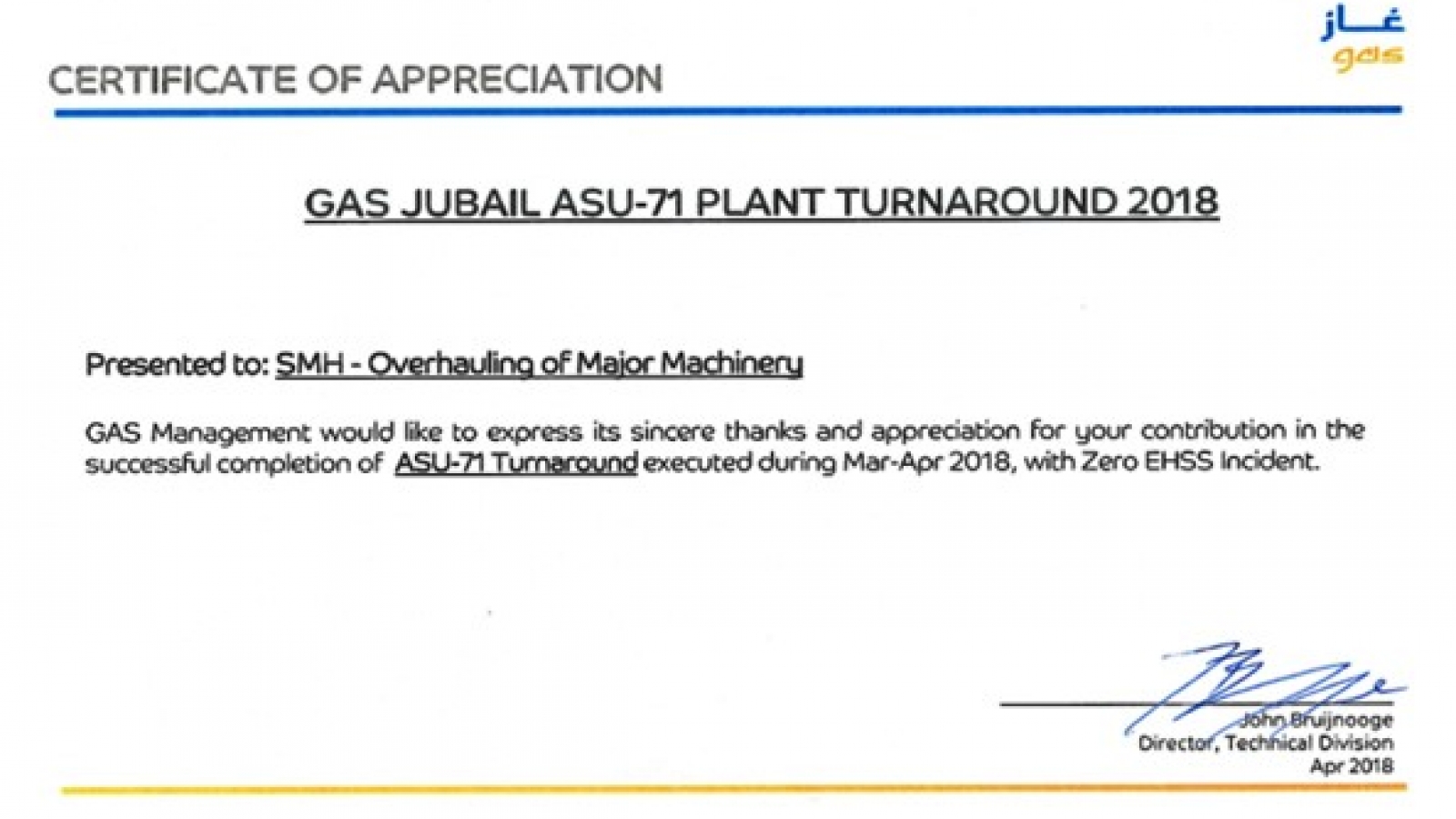 gas certificate SMH